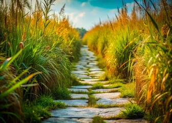 Mystical Stone Path Through Grassy Field -  Lost in Nature's Embrace