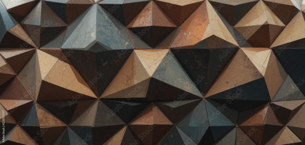 Poster abstract geometric pattern with interlocking triangles in shades of brown and blue