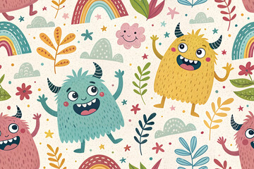 colorful seamless pattern for kids with monsters
