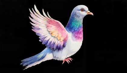 Watercolor painting of a soaring pigeon with iridescent blue, pink, and purple feathers in mid-flight against a black background