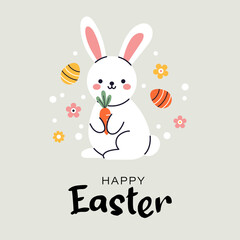 A cute illustration of easter greeting card with rabbit in flat design. Perfect for festive invitations, postcards, party posters and banners. Easter eggs, bunny and flowers. Happy easter.