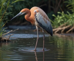 Reddish egret stretches its long neck to scan water, feathers, reddish egret