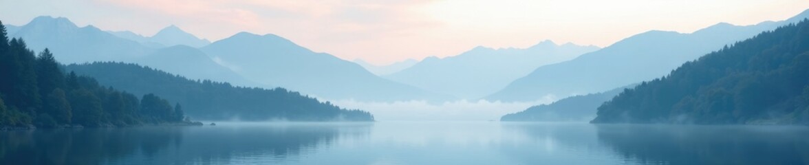 Obraz premium Serene mountain peaks covered in misty clouds, peaceful, tranquility, water