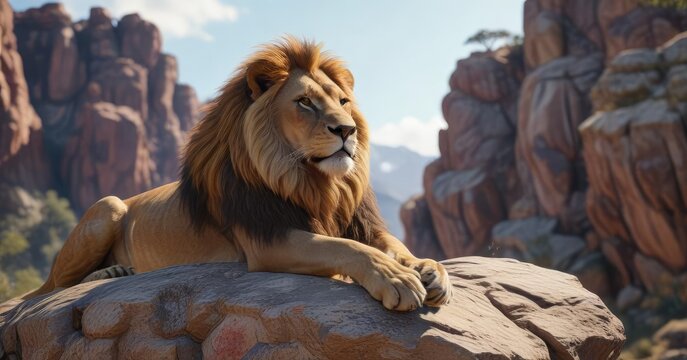 Regal lion lounging on a rocky outcropping, staring ahead with unblinking intensity , majestic, outcropping