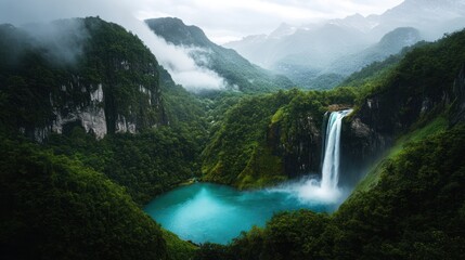 Fototapeta premium Majestic waterfall cascading into turquoise lake, nestled in misty green mountains; nature backdrop