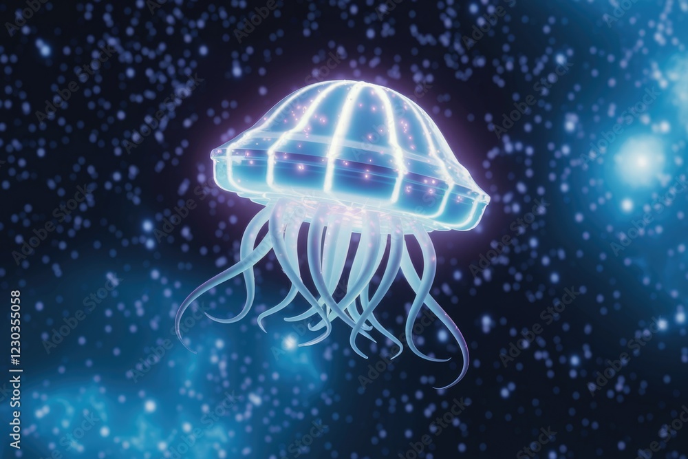 Poster a bioluminescent jellyfish gracefully floats in a starry cosmos, its ethereal glow illuminating the 