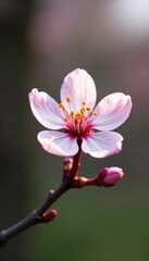 Fototapeta premium Single cherry blossom bud with delicate pink and white colors against a natural background, natural background, flora