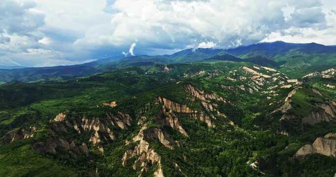 Vast Green Valley Rain Vapour Clouds Clean Air Mountain View Melnik Bulgaria Aerial Parallax