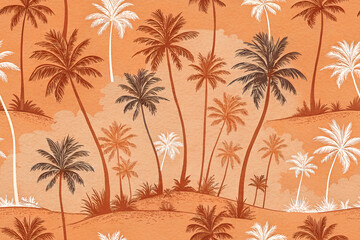 Wallpaper with silhouettes of palm trees on an orange background - seamless pattern for your design
