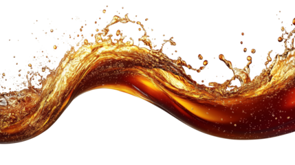 Foaming liquid splashes with a cola drink, on  Transparent PNG format background. 