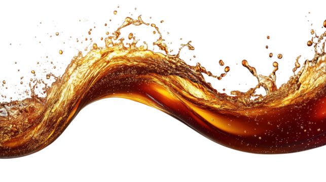 Foaming liquid splashes with a cola drink, on  Transparent PNG format background. 