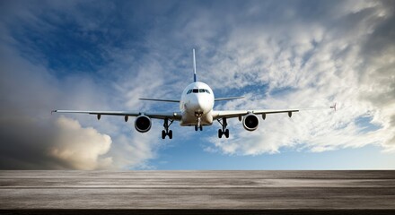 Obraz premium Airplane flying in a clear blue sky with clouds, symbolizing travel and adventure