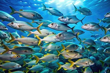Fototapeta premium School of fish swimming in the clear blue waters of the open ocean, ocean currents, ocean scenery, sea creatures, fish behavior