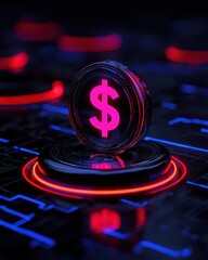 Fototapeta premium A vibrant digital currency symbol with neon effects on a futuristic background.