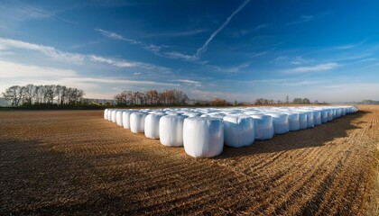 large plastic wrapped bales of hay stacked in rows on a modern farm ground agriculture agricultural machinery hay storage