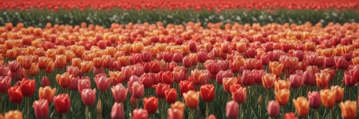 Sea of tulips with subtle gradient colors in the background, soft hues, garden scenery , blooming flowers