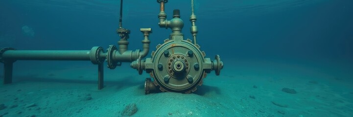 Fototapeta premium Seafloor oil wellhead with pipeline and valves, seafloor installation, valves and fittings, offshore oil extraction