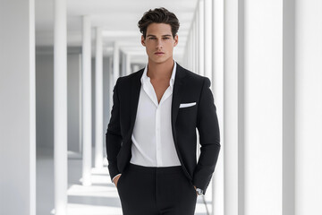 Fototapeta premium Male Model Poses with Confidence in a Sleek White Corridor