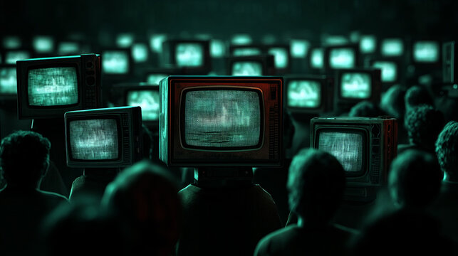 A crowd of people with retro old TV heads