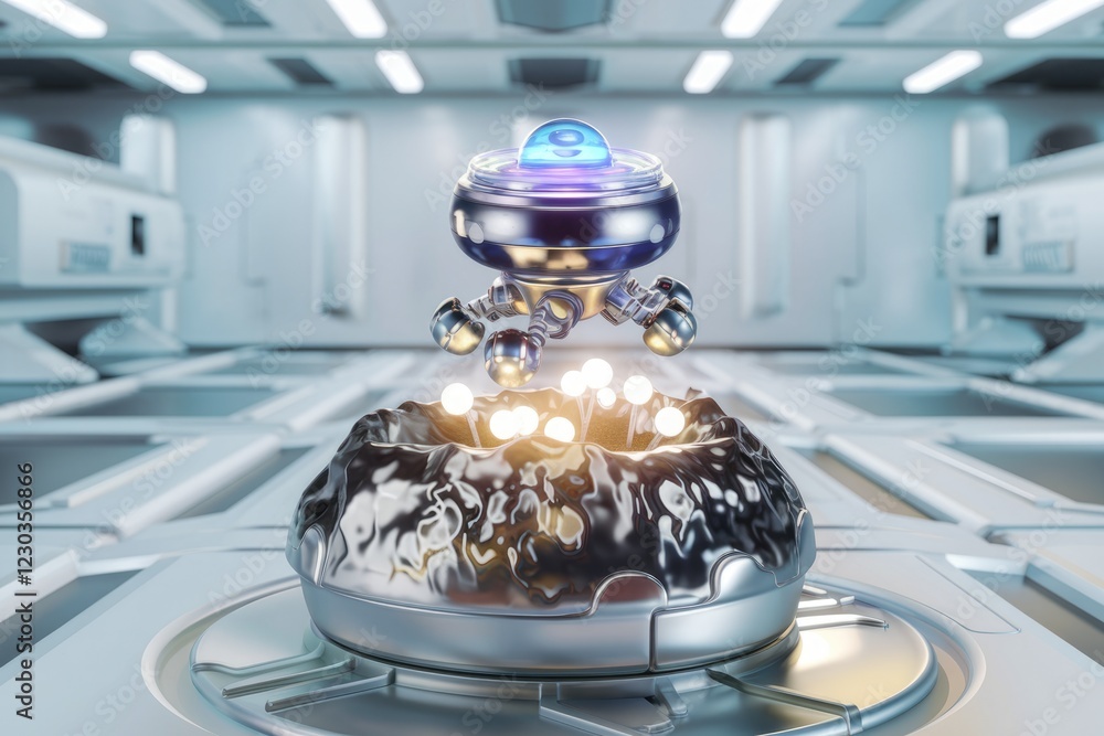 Poster a futuristic robotic device hovers above a metallic surface in a sterile, clean laboratory setting.