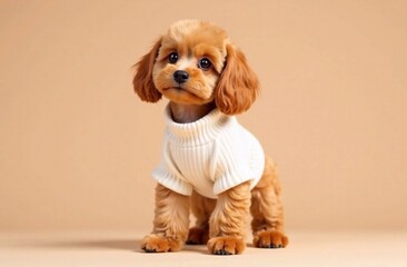 Toy poodle dog in white sweater against mocha mousse color background stock photo