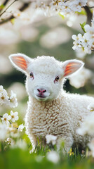 Fototapeta premium Baby lamb surrounded by cherry blossoms