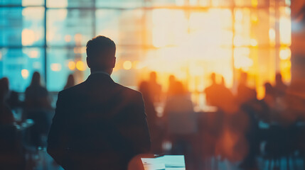 Business people meeting and working while a business executive lead presenter speaks to a group of successful technology entrepreneurs, consultant advisor growth training lecture, defocused blurred.