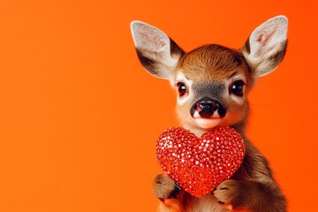 Deer - my desired animal. Promotion concept pattern. Commercial concept. Cute deer baby with sparkling rhinestones red heart - emblem of love, funny greeting card. Romantic animal art.