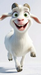 Obraz premium Happy goat running, white background, cartoon, children's animation