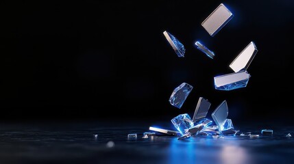 Obraz premium Dynamic shot of shattered glass pieces in motion against a dark background, showcasing sharp edges and reflections.