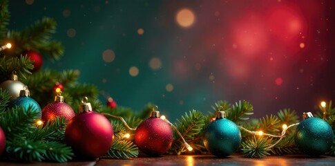 Naklejka premium A merry Christmas garland with colorful glass ornaments and twinkle lights, Christmas, garland