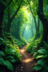 Fototapeta premium A narrow path winds through the dense foliage of a jungle forest, leaves, vines