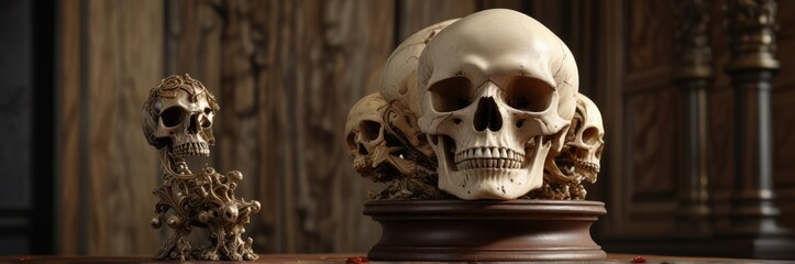 Obraz premium Skull and bone specimens on wooden pedestal with ornate metalwork, bone, metalwork, specimen