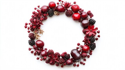 Circular frame of red and purple fruits like strawberries, blackberries, and plums, accented by edible glitter, isolated on white background