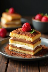 Coffee-soaked ladyfingers layered with mascarpone cheese and cocoa powder, Italian, coffee, creamy