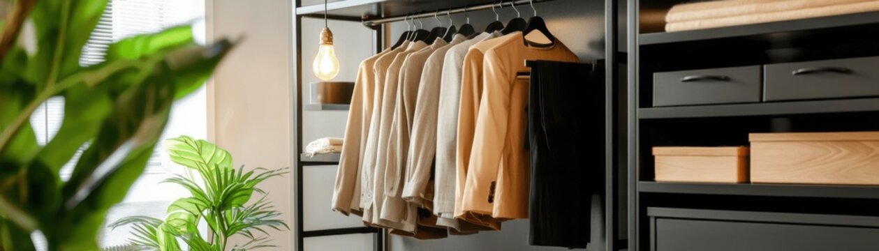 Stylish wardrobe with organized clothes and green plant decor.