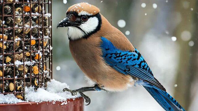 Eurasian jay feeding on bird feeder in snowy winter landscape, Eurasian jay (Garrulus glandarius) on the winter bird feeder