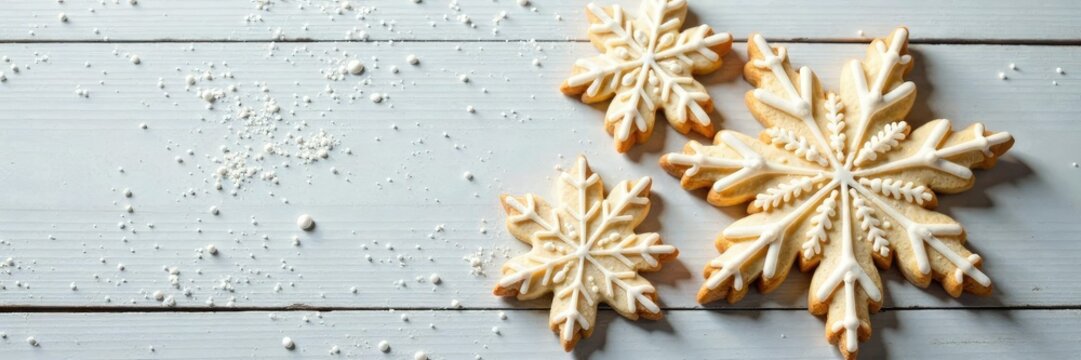 Snowflake-shaped sugar cookies on a frosty white background on a wooden table, holiday decor, cookie platter
