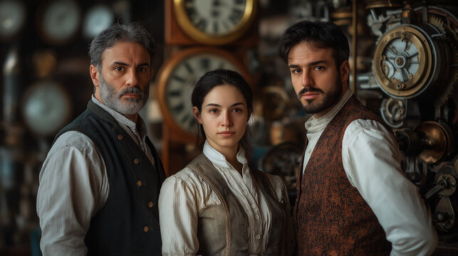A group of three watchmakers, two men and one woman, dressed in traditional artisan attire, standing in a vintage watchmaking workshop with blurred intricate clock mechanisms in the background.