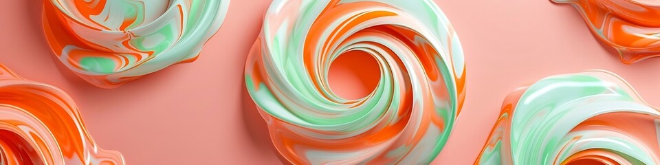 Soft pastel swirls of orange and mint green on a solid pink backdrop.