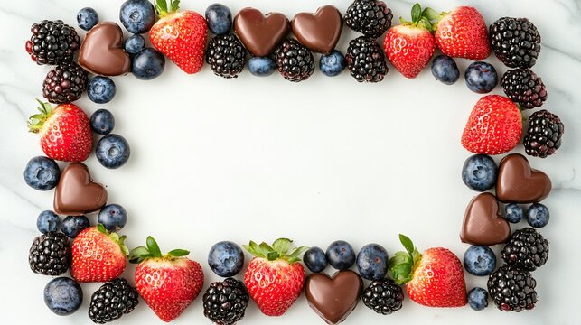 Rectangular frame made of mixed berries, including blueberries, strawberries, and blackberries, adorned with tiny chocolate hearts, isolated on a marble surface