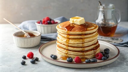 Soft and airy pancake layers stacked on a plate with butter and maple syrup, pancakes, maple syrup, fluffy