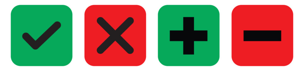 Obraz premium Check mark, x mark, plus and minus symbol set in square shape. Vector illustration.