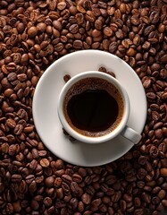 Fototapeta premium Taza de café, sobre una montaña de granos de café arabica tostados.