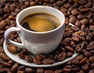 Taza de caf&eacute;, sobre una monta&ntilde;a de granos de caf&eacute; arabica tostados.