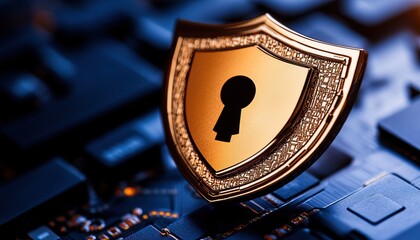 A golden shield with a keyhole sits on a black keyboard, symbolizing cybersecurity and protection in the digital world.