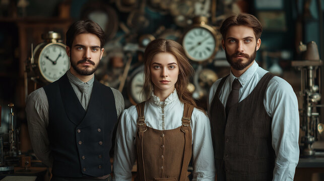 A group of three watchmakers, two men and one woman, dressed in traditional artisan attire, standing in a vintage watchmaking workshop with blurred intricate clock mechanisms in the background.