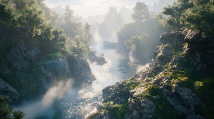 Misty river gorge sunrise, nature background, tranquil scene, travel poster