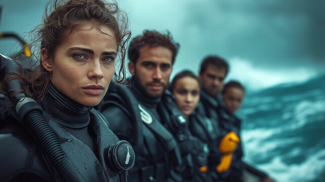 A team of five emergency rescue divers, three men and two women, dressed in wetsuits and diving gear, standing on a rescue boat with blurred ocean waves in the background.