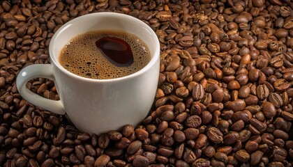 Fototapeta premium Taza de café, sobre una montaña de granos de café arabica tostados.